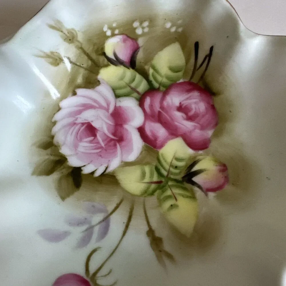 Vintage LEFTON Heritage Green Roses #1860 Hand Painted Candy Nut Trinket Dish
